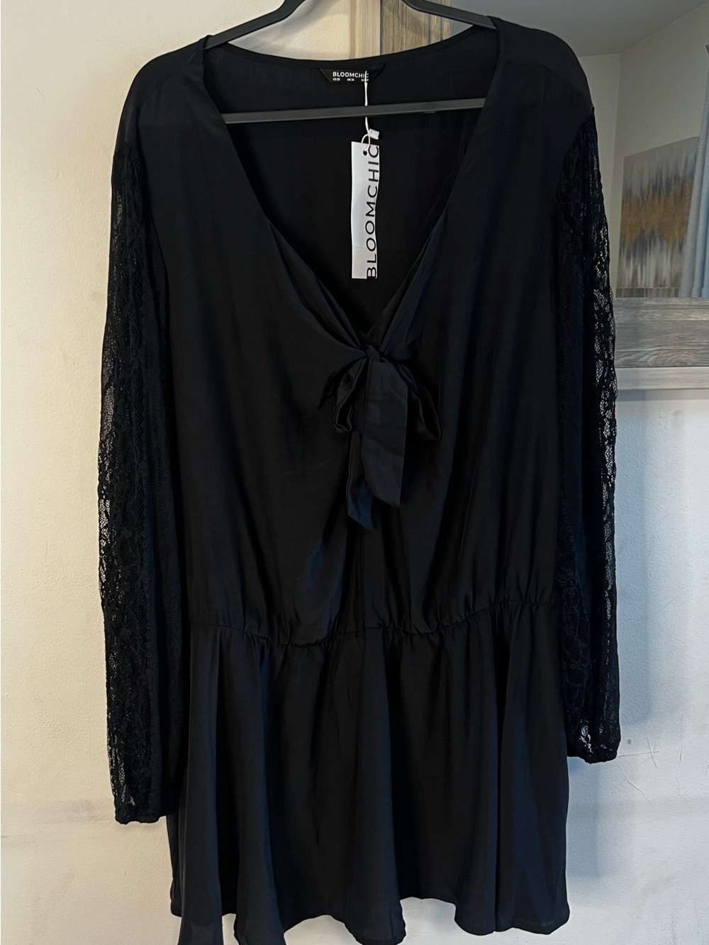 BloomChic Black Tie-Front Lace Sleeve Tunic Dress